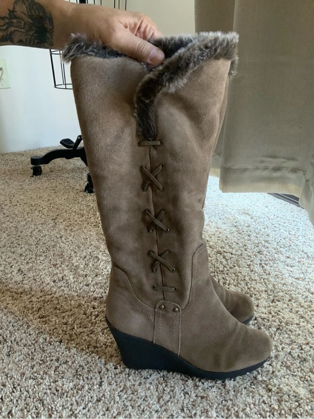 Kelsea Dagger Women's Taupe Suede Faux-Fur Wedge Knee-High Boots 9.5 M